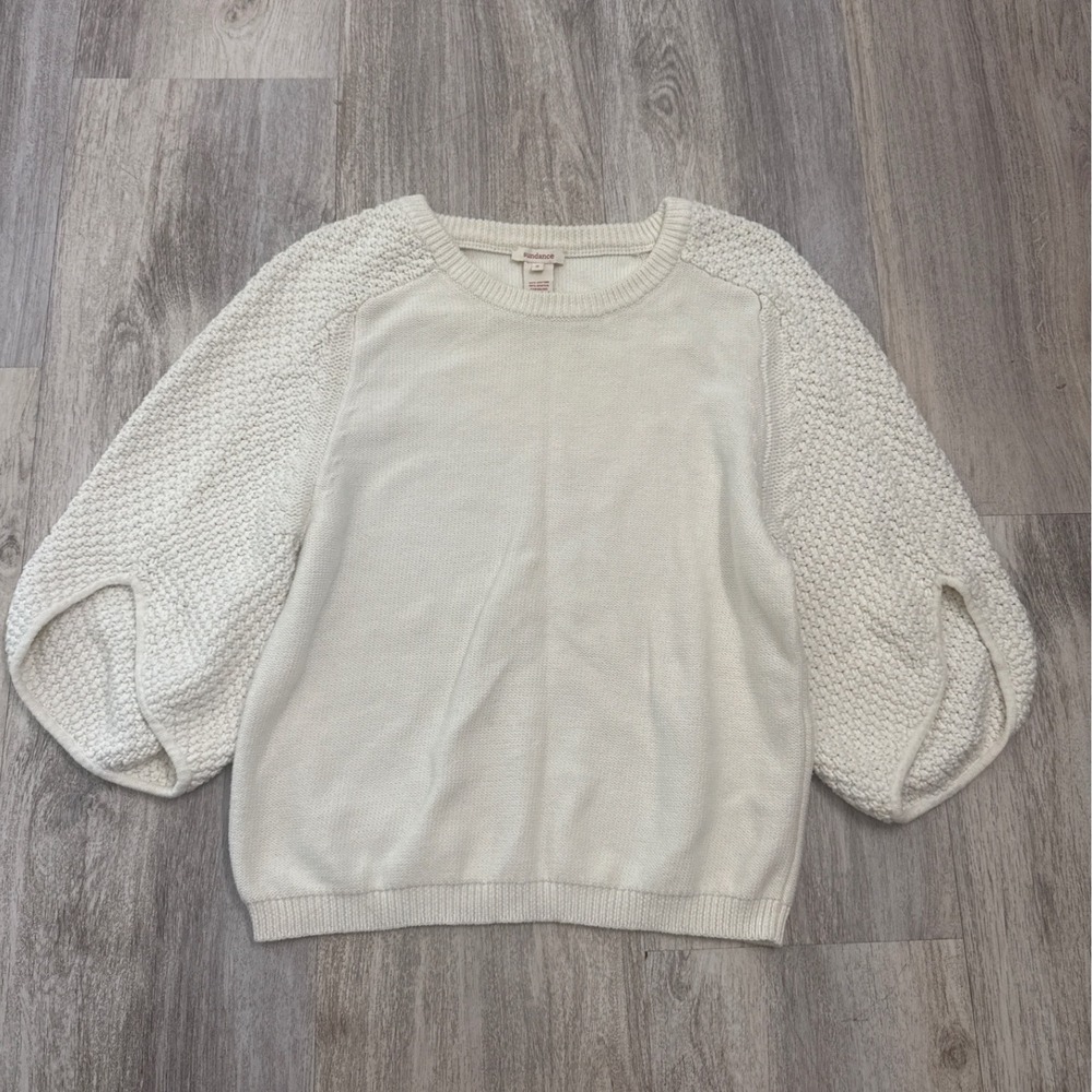 Sundance Cream Mixed Knit Sweater 3/4 Tulip Split Sleeve Cotton Blend Small
